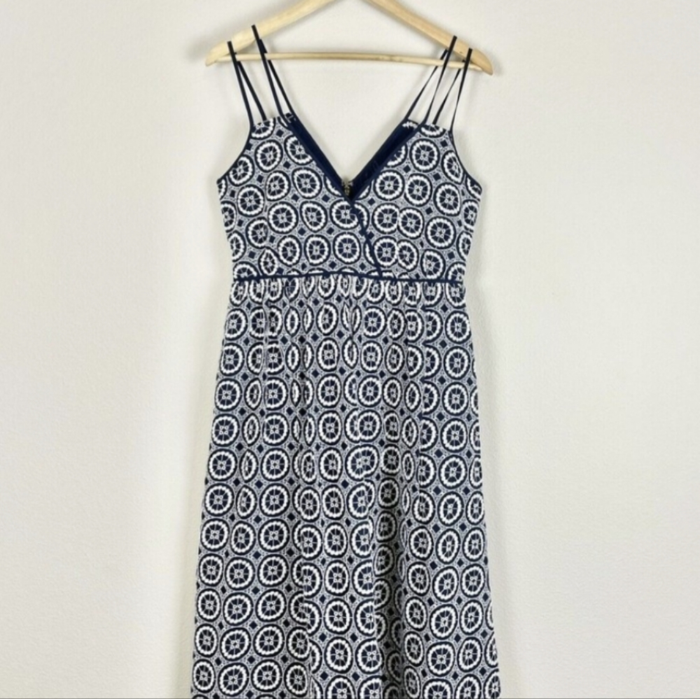 J Crew Eyelet MIDI Dress Womens 6 Navy Blue Double Straps Fully Lined